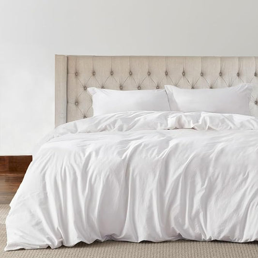 Kotton Culture 100% Washed Cotton Duvet Cover Set King Size- 600 Thread Count Comforter Cover, Soft Linen Feel, Luxury,3-Pc Set with Zipper Closure & Corner Ties (Washed Cotton White, King 102"X94")