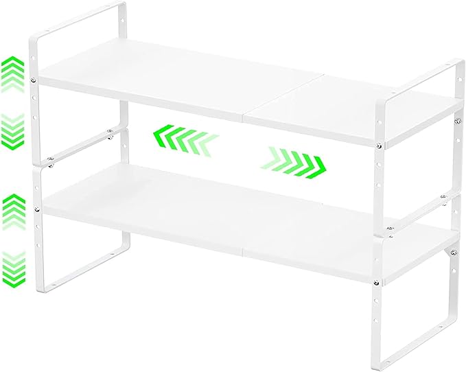 Expandable Kitchen Cabinet Storage Shelf, Stackable Metal Pantry Storage Shelves Organizer, Adjustable Height Counter Spice Rack for Kitchen Cabinet, Countertop, Pantry and Office
