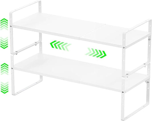 Expandable Kitchen Cabinet Storage Shelf, Stackable Metal Pantry Storage Shelves Organizer, Adjustable Height Counter Spice Rack for Kitchen Cabinet, Countertop, Pantry and Office