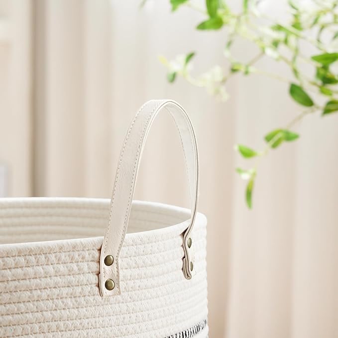 VIPOSCO Tall Laundry Basket, Large Dirty Clothes Hamper with Leather Handle, Woven Rope Storage Basket for Blanket, Toy In Living Room, Bathroom, Bedroom - 58L Stripe White