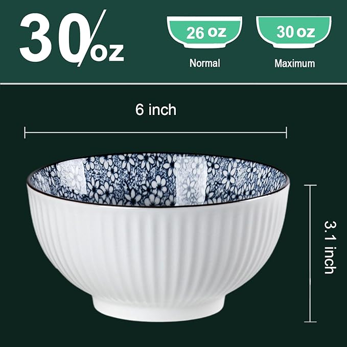 QINLANG 6 Inch Blue and White Porcelain 30 oz Bowls Set of 6 for Soup, Cereal, desserts, ice cream and Rice - Floral Pattern