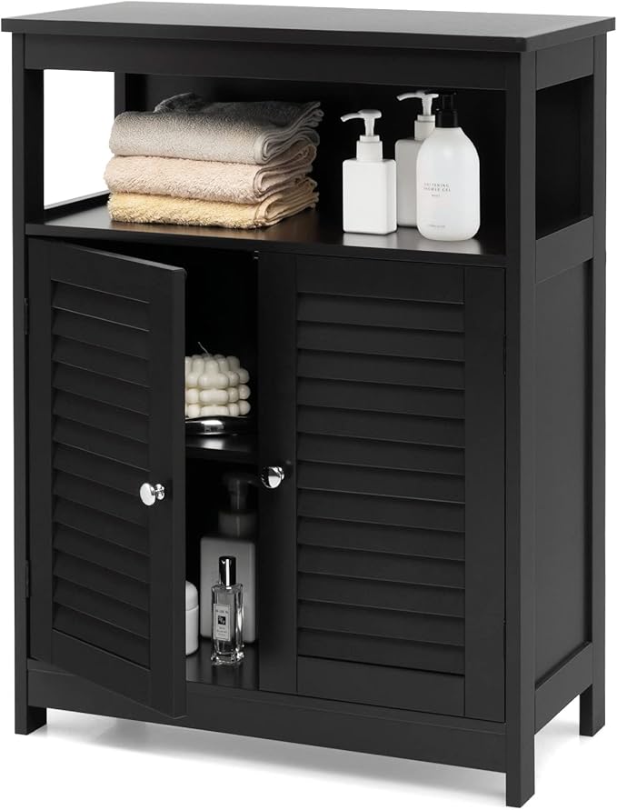 GLACER Bathroom Floor Cabinet, Wooden Storage Cabinet with Double Shutter Doors & 3-Position Adjustable Shelf, Side Storage Organizer, 23.5 x 12 x 31.5 inches (Black)