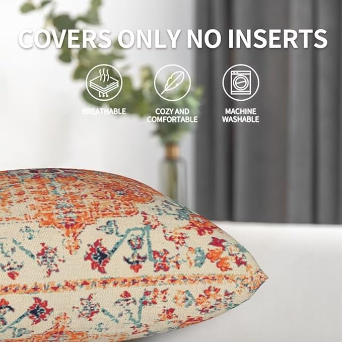 Boho Throw Pillow Covers 16 x 16 Set of 2, Orange Blue Carpet Pattern Pillow Covers Ethnic Design Rustic Farmhouse Cushion Cases Linen Decorative Gifts for Couch Sofa Indoor Outdoor