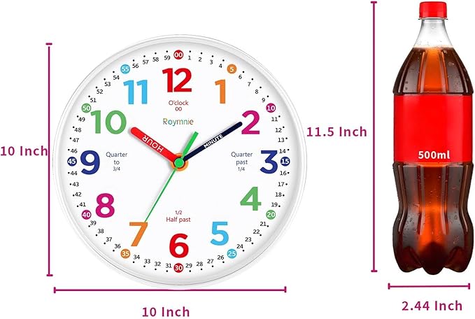 Wall Clock 10 Inch for Kids Learning Kids Teaching Clock Analog Silent Battery Operated Colorful Teaching Time Clock Decorative for Kids Room Kitchen School (White Grain)