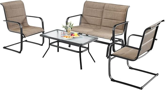 Tangkula 4 Pieces Outdoor Furniture Set, Patio Conversation Set with Coffee Table, 2-Person Swing Glider Loveseat and 2 Spring Motion Dining Chairs, Sectional Sofa Set with Cotton Padded (Brown)