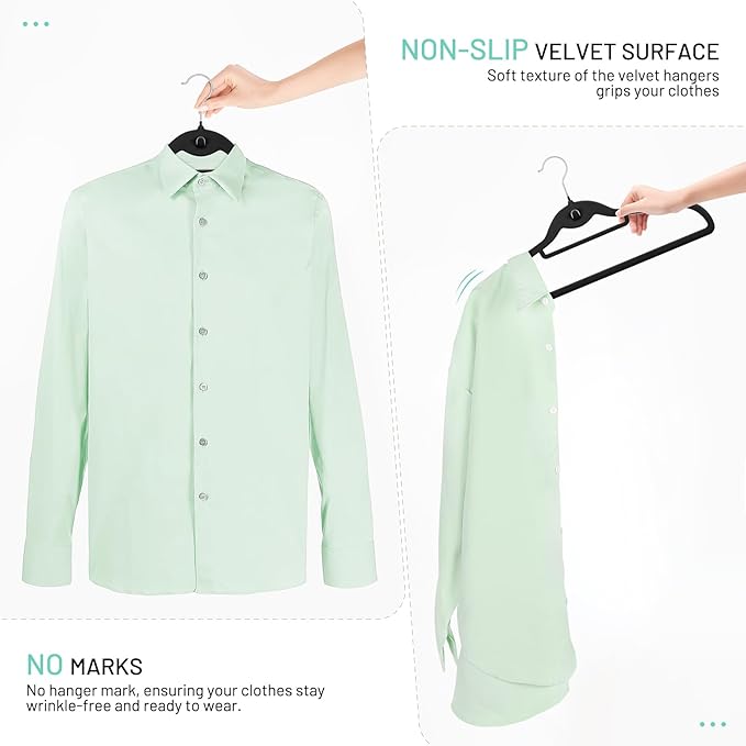 Velvet Hangers 30 Pack, STOPKLAS Black Clothes Hanger Non Slip Felt Hangers with 360° Swivel Hook, Thin Hanger Space Saving, Heavy Duty Closet Hanger for Clothes, Coats, Suits, Dress, Pants