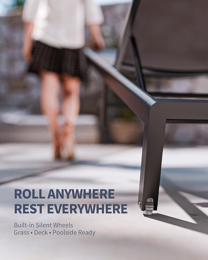 Aluminum Lounge Chairs Outdoor Chaise Furniture,2 Sets Patio Metal Deck Lounger Adjustable 5-Position Poolside Chase Recliner with Wheels for Beach,Coffee Table, (Brown, 2 Chair＋Table)