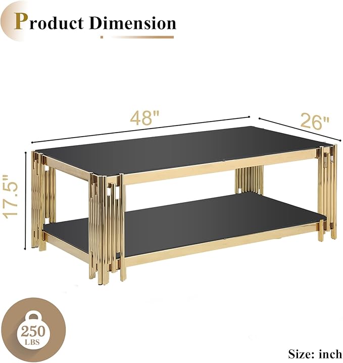 48" Rectangular Glass Coffee Table for Living Room, Luxury 2-Tier Center Table with Gold Stainless Steel Frame, Modern Black Glass Accent Coffee Cocktail Table w/Storage Shelf