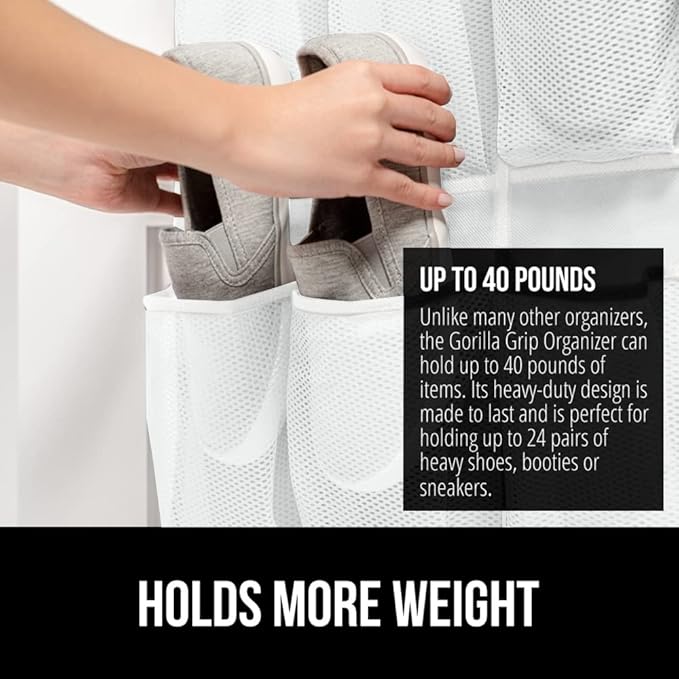 GORILLA GRIP Over the Door Shoe Organizer, 2 Pack, 24 Breathable Mesh Pockets, Space Saving Hanging Storage Holder, Closet Rack Hanger Holds Up to 40 lbs, Hangs on Closets, Shoes, Accessories, White