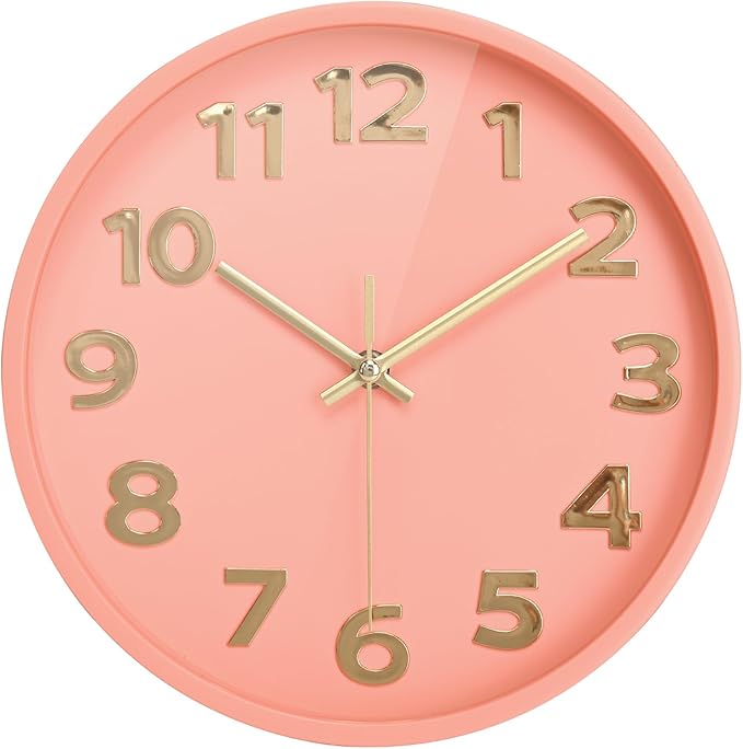 Pink Wall Clock 10 Inch Battery Operated Analog Easy to Read for Kids/Women/Girls Bedroom Home,Large 3D Numbers