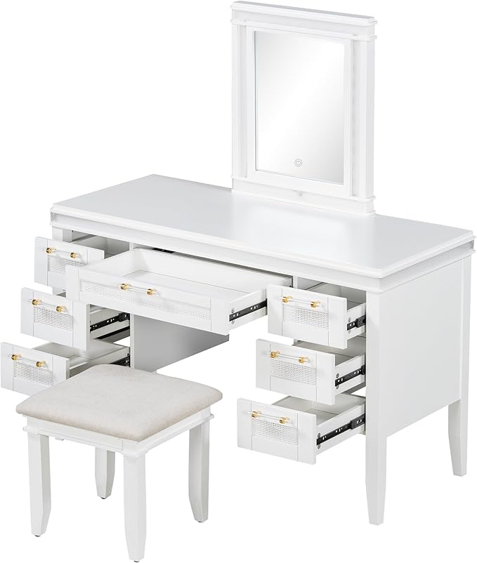Merax 48" Vanity Desk with Mirror and Lights, Makeup Vanity with 7 Drawers and Cushioned Stool, Classic Finish Dressing Table with Hollow Design Drawer for Bedroom, Rubber Wood Legs, Light-Beige