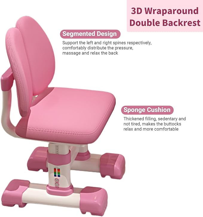 Kids Desk and Chair Set, Height Adjustable Kids Study Table and Chair Set, Children School Desk with Storage Drawer and Book Stand, Ergonomic Child Toddler Deskwith Sitting Posture Corrector (Pink 2)