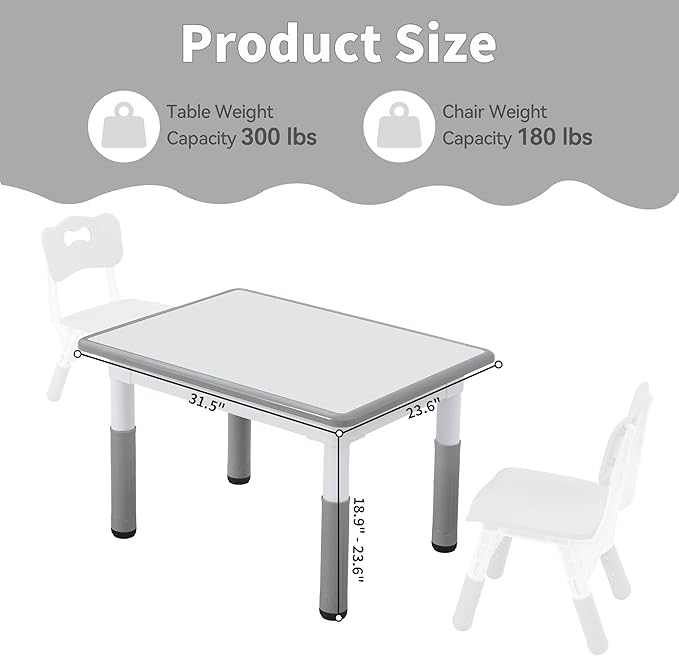 Adjustable Kids Table, Arts and Crafts Child Table with Graffiti Desktop, 7 Level Height Adjustable Children Table for Ages 3-8, Easy to Wipe Toddler Desk for Classrooms/Daycares/Homes