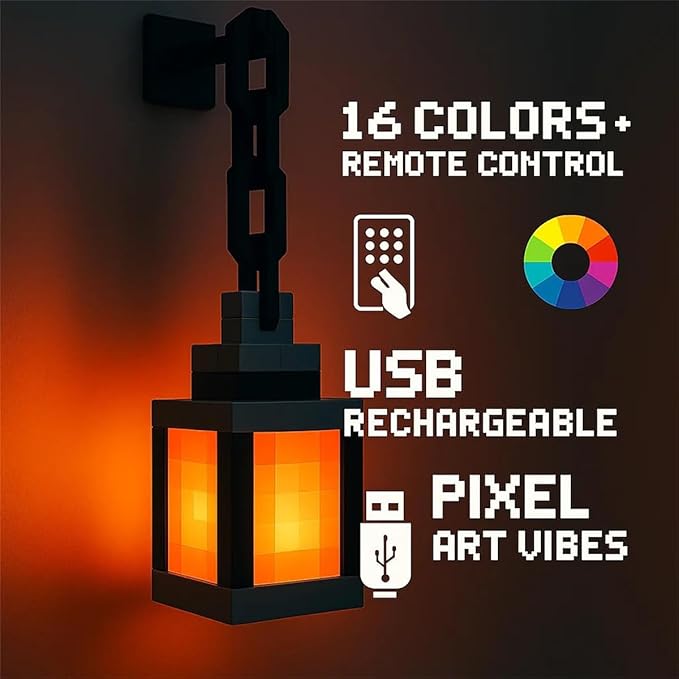 Pixelated Lantern Night Light - Rechargeable 16-Color LED Mood Light w/Remote & Touch Control, Portable Wall/Table Lamp for Bedroom Decor, Kids Room, Camping & Gifts