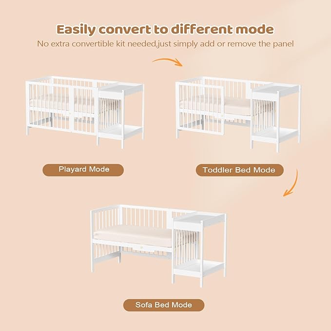 JOYMOR 8 in 1 Convertible Crib with Changer, Include 2” Mattress, Converts to Bassinet, Mid Crib, Full Size Crib, Daybed,Toddler Bed and Playard (Crib with Changer, White)