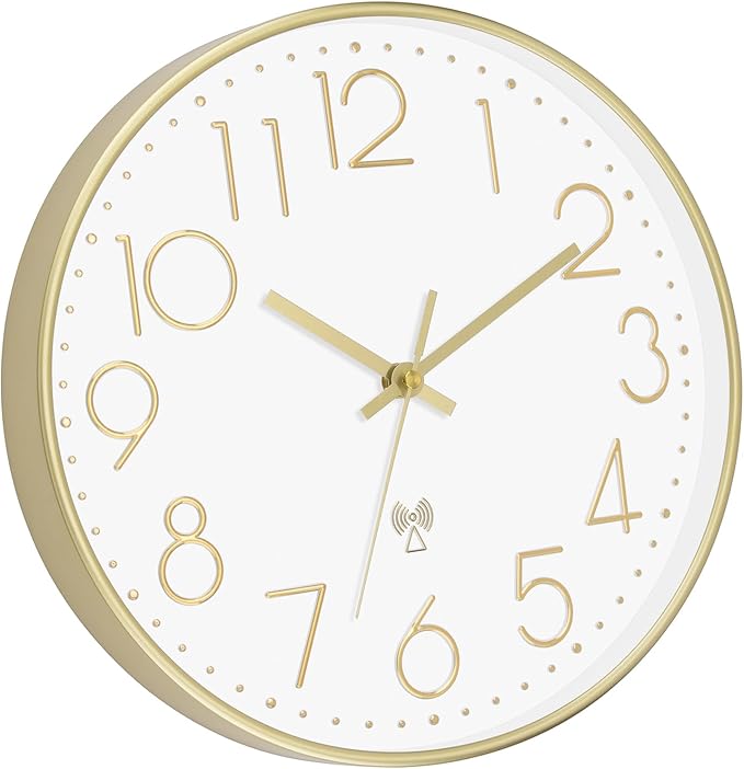 Foxtop Atomic Wall Clock Battery Operated Round Analog Modern Wall Clock Sets Automatically for Office Classroom Bedroom Kitchen Living Room (Gold)
