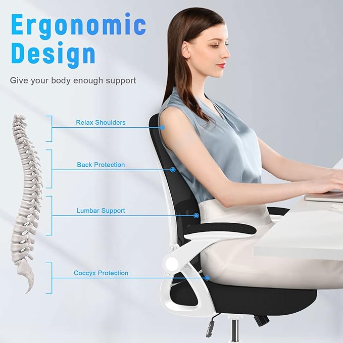 naspaluro Ergonomic Office Chair, Mid-Back Computer Chair with Adjustable Height, Flip-Up Arms and Lumbar Support, Breathable Bright White Mesh Desk Chair for Home Study Working