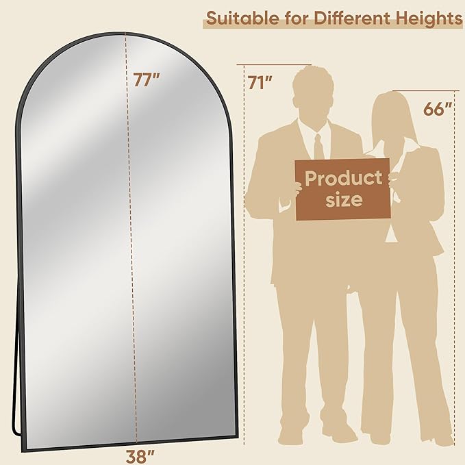 Full Length Mirror, 77"x38" Oversized Arched Mirror Large Standing Mirrors, Tall Mirrors Body Floor Mirror for Bedroom Living Room Aluminum Frame,Black