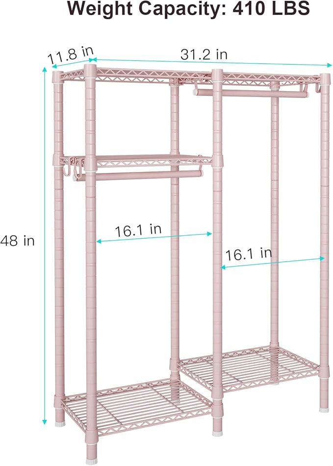 Ulif F1 Clothes Rack for Kids, Baby, Students, and Children's Room, 4 Tiers Portable Metal Closet Clothing Rack, Small Garment Rack with 2 Hanging Rod, 31.2" W x 11.8" D x 48" H, Pink