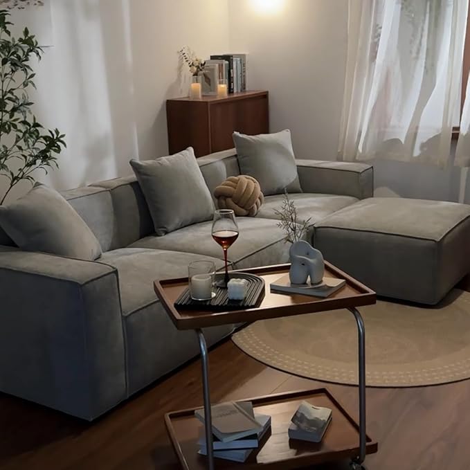 Acanva Luxury Modular Sectional Living Room Sofa Set, Modern Minimalist Style Couch with Ottoman and Chaise, L-Shape, Grey