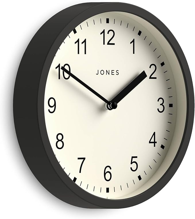 JONES CLOCKS® Spin Wall Clock | Small Modern Round Clock | 20cm | Dark Gray | Easy to Read Numbers | Ideal for Kitchen, Office, Children’s Room or Any Small Space