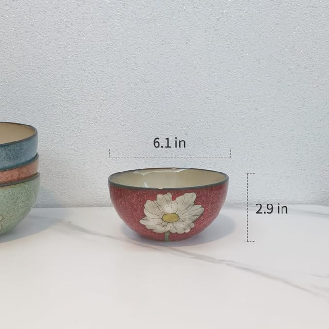 Ceramic Bowls For Kitchen, 28oz - Bowl Set of 4 - For Cereal, Salad, Pasta, Soup, Ramen, Serving etc - Dishwasher, Microwave, and Oven Safe - For Breakfast, Lunch and Dinner (Blue+Red+Green+Pink)