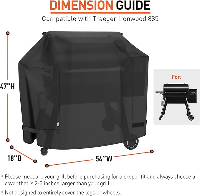 Grill Cover Compatible with Traeger Ironwood 885, Heavy Duty Waterproof Pellet Somker Cover Full Length Outdoor BBQ Grill Accessory BAC513
