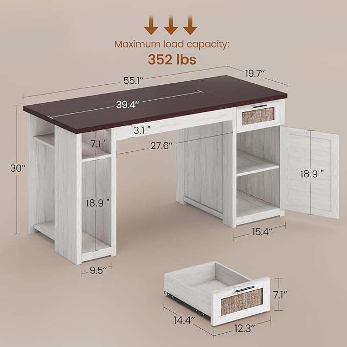 SEDETA 55.1" Rattan Office Desk with Drawers, Computer Desk with Drawers & Storage Cabinet, Farmhouse Home Office Desk with Storage, Wood Writing Desk with Power Outlets for Home Office, White