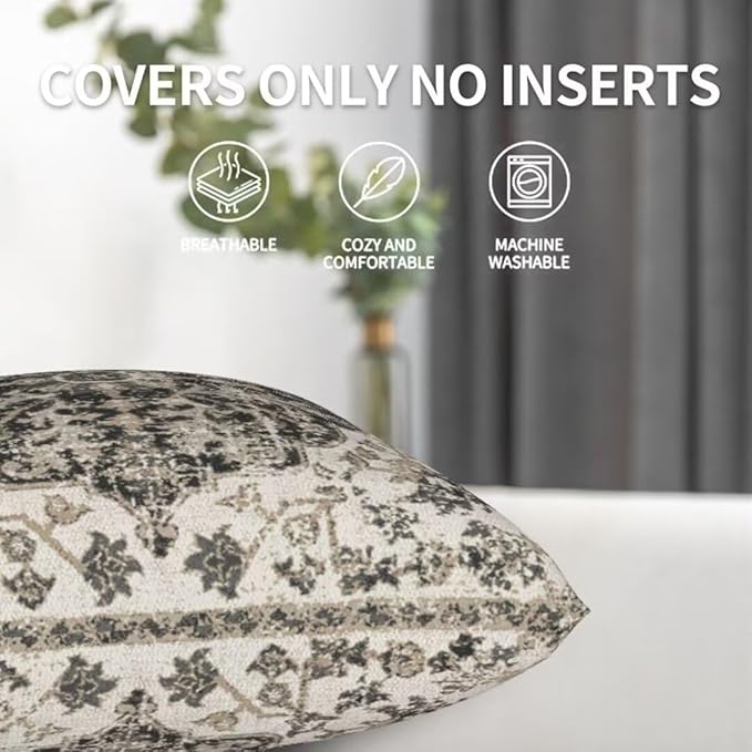 Boho Throw Pillow Covers 22x22 Set of 2, Black Brown Carpet Pattern Pillow Covers Ethnic Rustic Farmhouse Cushion Cases Linen Decorative Gifts for Couch Sofa Indoor Outdoor