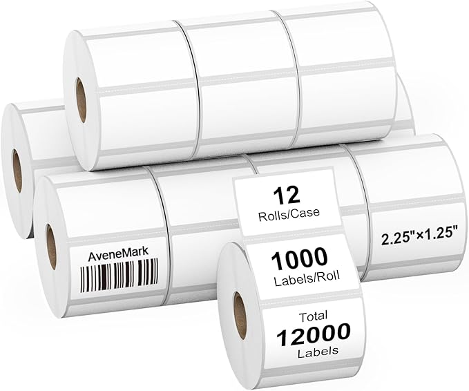 12 Rolls 12000 Labels 2.25" x 1.25" Direct Thermal Labels - AveneMark Perforated for Barcode Address Labels - Postage Shipping Labels Compatible with Rollo & Zebra Desktop Printers,1000 Labels/Roll
