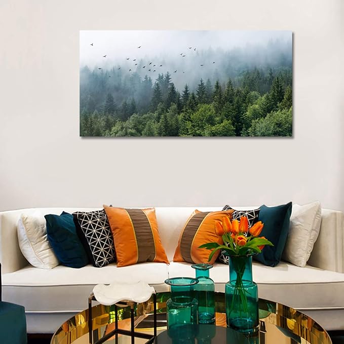 Green Forest Wall Art Tropical Forest Mountain Bird Contemporary Canvas Pictures Modern Artwork Framed for Bathroom Bedroom Nursery Living Room Home Office Kitchen Wall Decor 29" x 58"