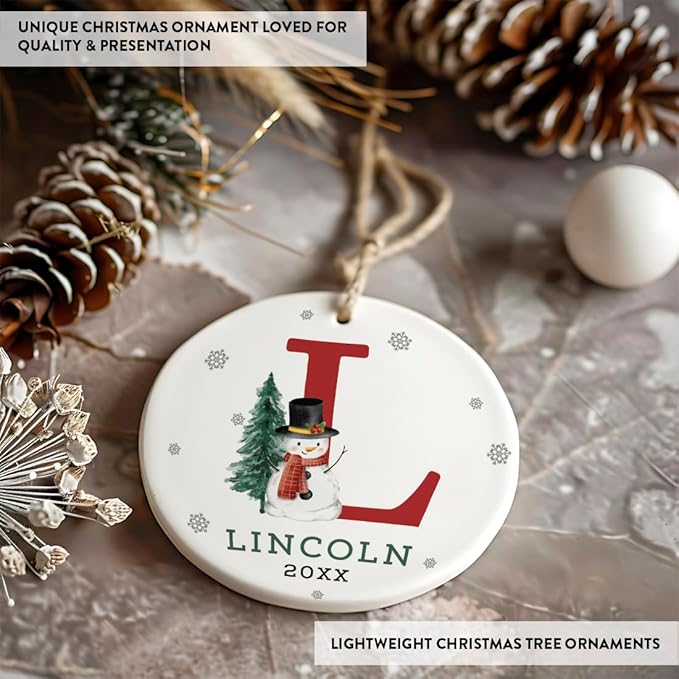 Andaz Press Personalized Ornament, Custom Name, Initial L Monogram Snowman 2.8" Ceramic Porcelain 2025 Christmas Ornament Keepsake for Kids, Boys, Girls, Includes Gold Ribbon & Gift Box, 1-Pack