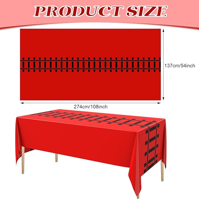 3 Pcs Train Party Decorations Railroad Track Tablecloths Train Birthday Party Supplies 54 x 108 Inch Plastic Table Covers for Railroad Track Western Theme Birthday (Red)