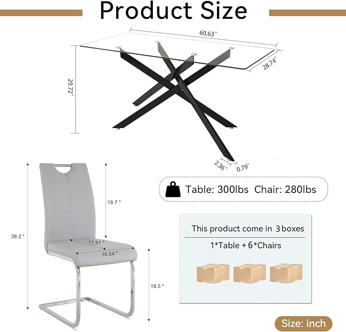 Modern Glass Dining Table Set for 6, Black Glass Kitchen Table and Chairs Set of 6, 7 Piece Dining Room Table Set with 61" Rectangular Metal Glass Dinner Table and 6 Grey Leather Dining Chairs