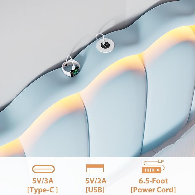 Twin Upholstered LED Bed Frame with Storage Drawer and Adjustable Chic Double Wavy Headboard, Velvet Princess Platform Bed for Kids/Girls, Solid Wood Slats Support, No Box Spring Needed, Blue