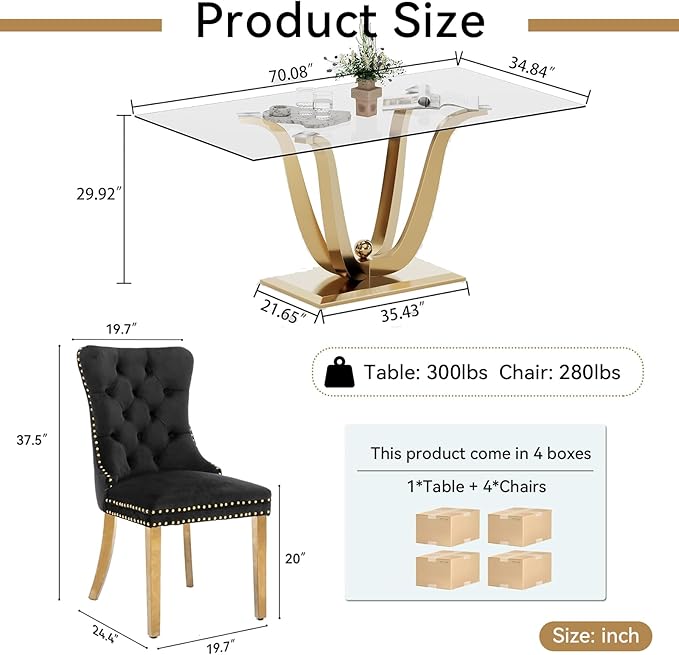 70" Modern Gold Glass Dining Table Set for 4, 5-Piece Rectangle Kitchen Dining Room Table Set with Steel Base & 4 Black Velvet Upholstered Chairs, Modern Glass Kitchen Table and Chairs Set of 4
