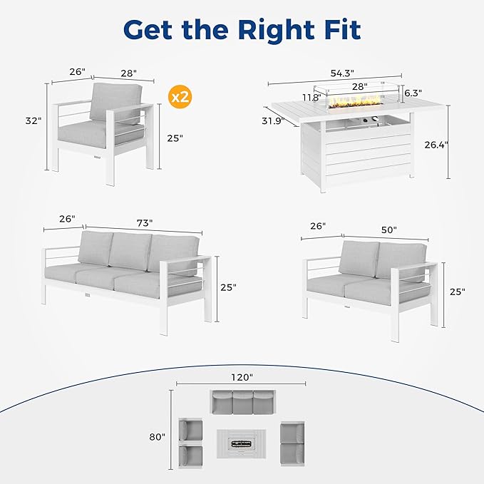Wisteria Lane Aluminum Patio Furniture Set, 7 Seats Metal Outdoor Furniture Set with CSA Certified 54in Propane Gas Fire Pit Table, Patio Conversation Set with 5in Olefin Cover Cushions (White)