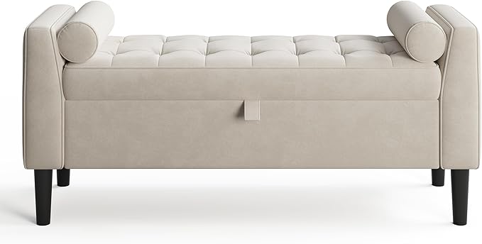 46.5" Storage Ottoman Bench – Upholstered End-of-Bed Storage Chest with Rolled Armrests & Wood Legs, Entryway Shoe Bench and Footrest Seat for Hallway, Bedroom & Living Room & Walk-in Closet（Beige）