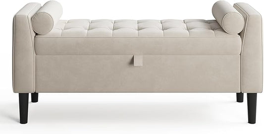 46.5" Storage Ottoman Bench – Upholstered End-of-Bed Storage Chest with Rolled Armrests & Wood Legs, Entryway Shoe Bench and Footrest Seat for Hallway, Bedroom & Living Room & Walk-in Closet（Beige）