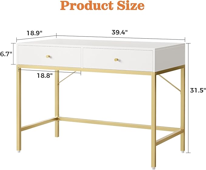 SUPERJARE 39.4" White and Gold Desk with 2 Drawers, Modern Makeup Vanity Desk, Small Computer Desk Home Office Desk for Writing Study Bedroom