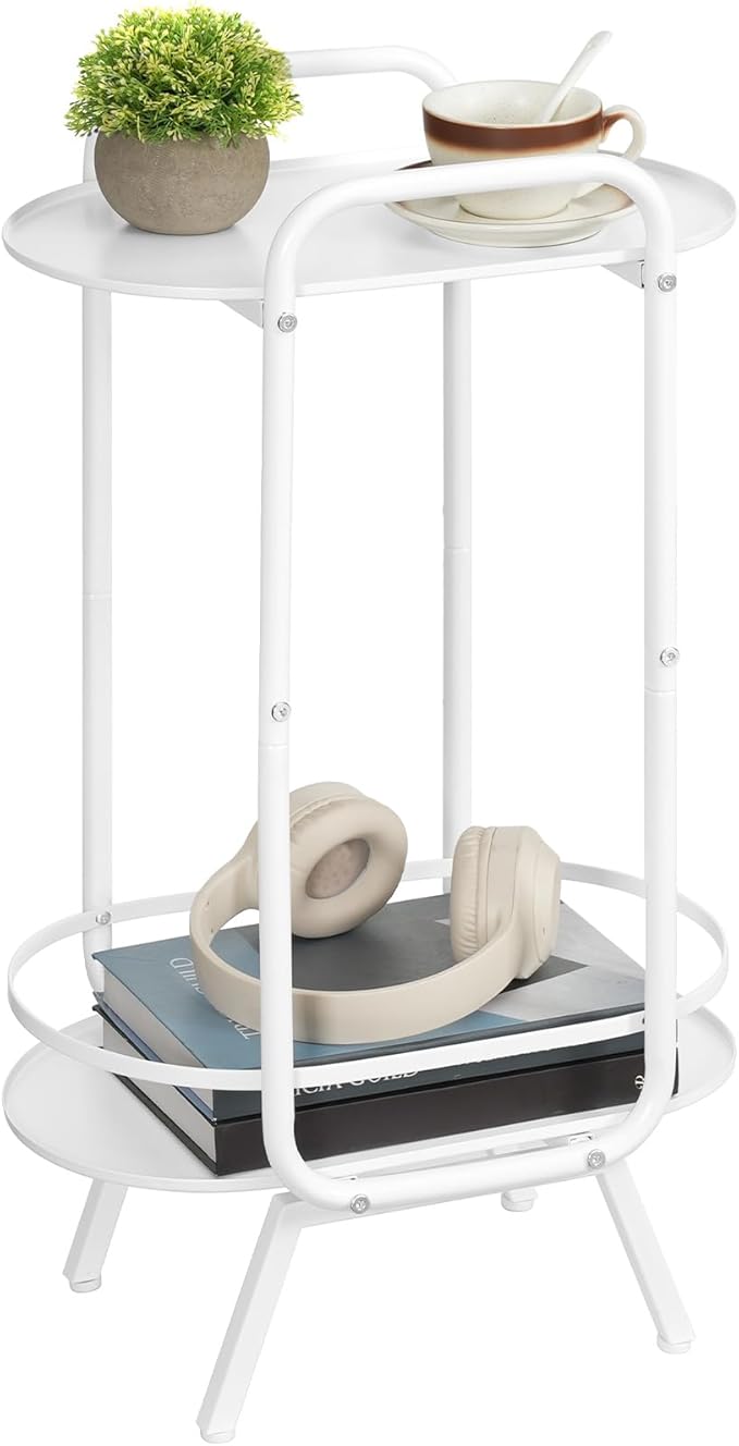 HOOBRO White Side Table, 2 Tier Oval End Table with Tray Storage, Small Cute Kids Nightstand for Living Room, Bedroom, Dorm WT184BZ01