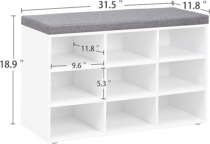 DINZI LVJ Shoe Storage Bench with Cushion, Cubby Shoe Rack with 9 Cubbies, Adjustable Shelves, Multifunctional Shoe Organizer Bench for Entryway, Mudroom, Hallway, Closet and Garage, White