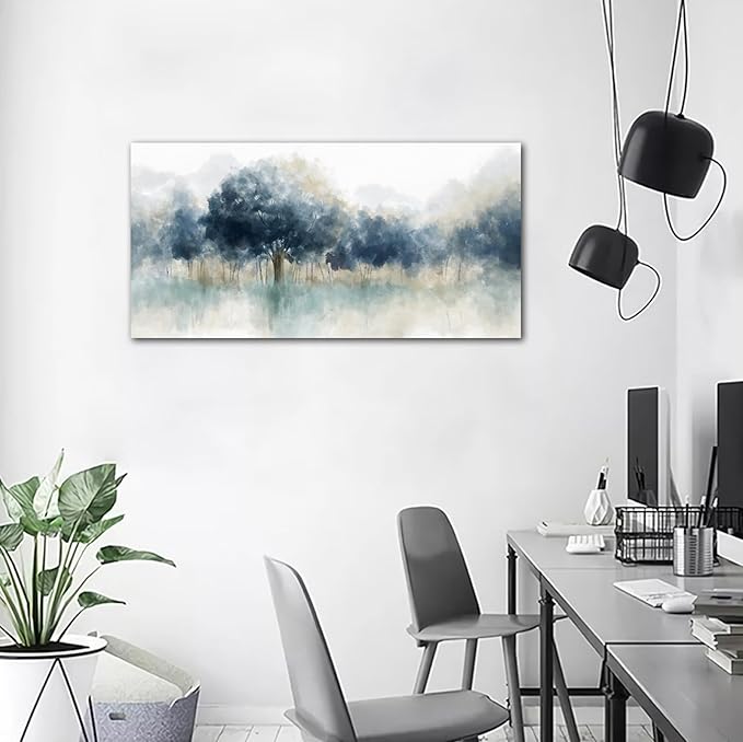 Foggy Forest Canvas Wall Art - Indigo Blue Abstract Trees Pictures for Wall Decor Nature Canvas Painting Modern Printing Artwork for Living Room Bedroom Home Office Wall Decoration 24" x 48"