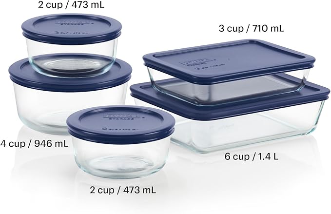 Pyrex Simply Store (5-Pack) Medium Glass Food Storage Containers Set, (3, 4 & 6 Cup) Meal Prep Containers With BPA-Free Lids, Dishwasher & Microwave Safe