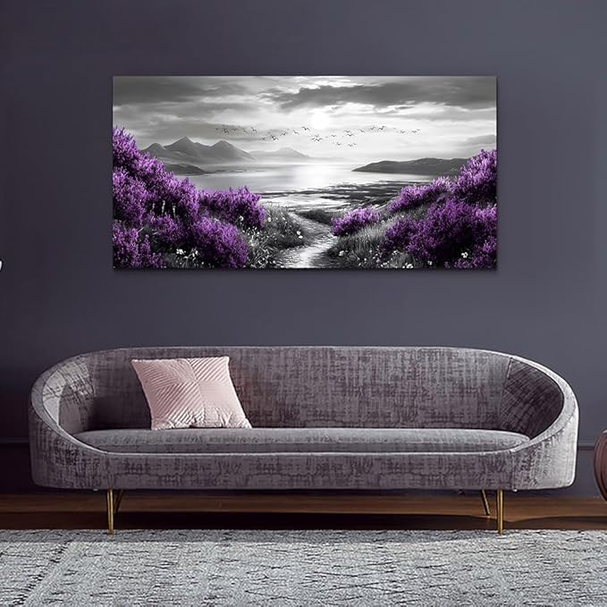 Canvas Wall Decor for Office Large Wall Art for Living Room Modern Bedroom Wall Decoration Purple Flowers Landscape Pictures Black and White Scenery Paintings Artwork Aesthetic Home Decor