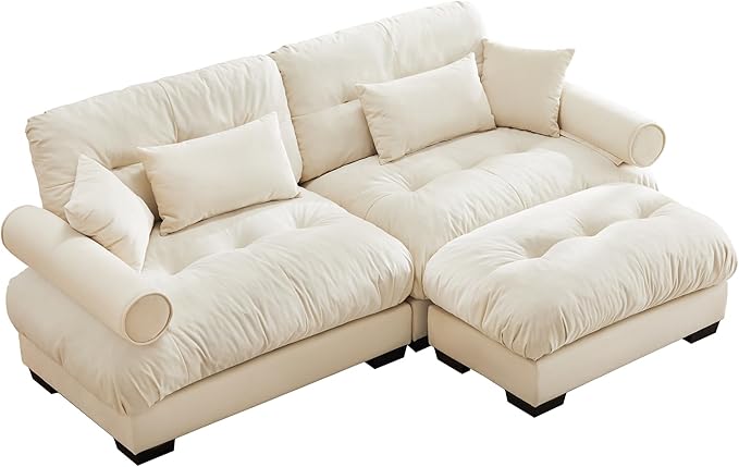 Ball & Cast 93.7" Modern Sectional Sofa,L-Shaped Sectional 2-Seater Loveseat with Movable Ottoman,Pillows and Overthick Cushion,Big Comfy Couch for Living Room,Reading Room,Loft and Bedroom,Cream