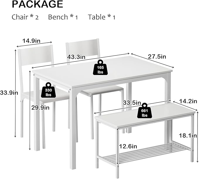 soges 4 Pieces Dining Table Set, 43.3 inch Kitchen Table Set for 4, Dining Set with 2 Chairs and Bench with Storage Rack, Nesting Furniture Set for Dining Room, Kitchen, Restaurant, White
