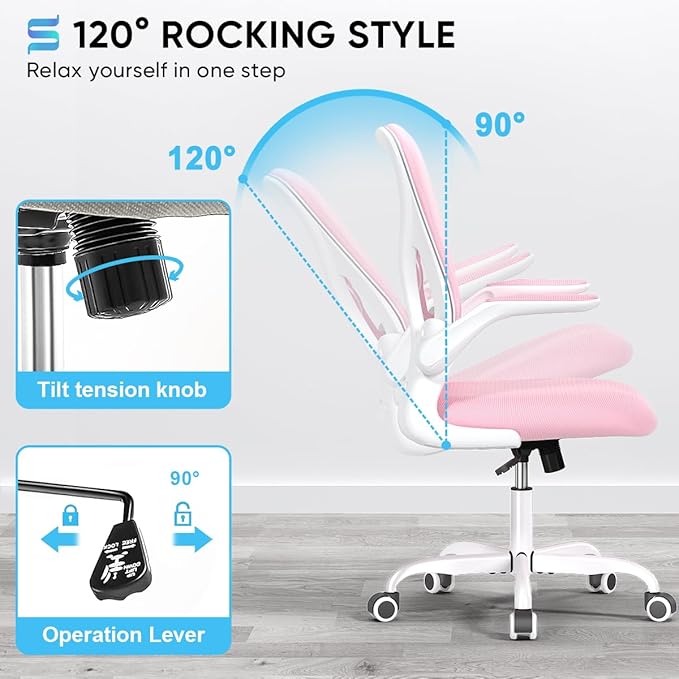 Sytas Ergonomic Desk Chair with Padded Flip up Arms and Supportive Lumbar Support, Breathable Mesh Home Office Chair with Comfortable Cushion for Home or Office(Pink)