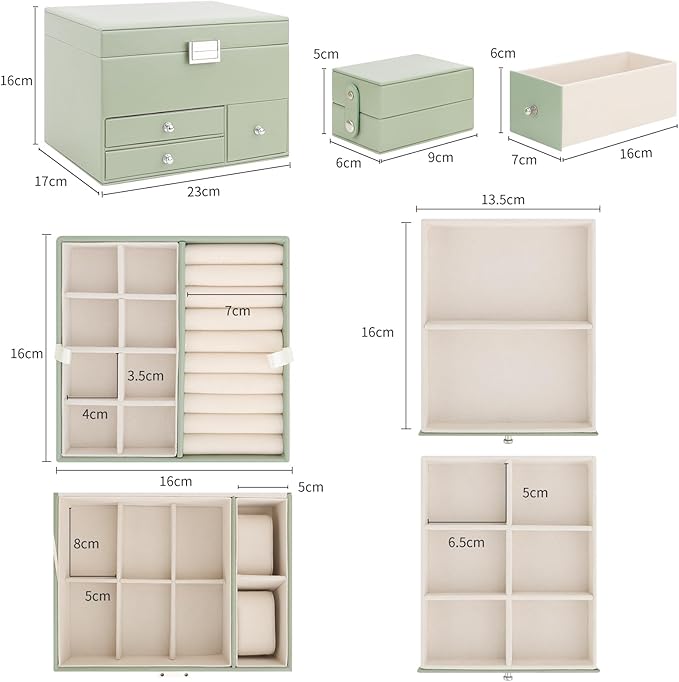 Jewelry Organizer Box, 3 Layers Large Jewelry Box with Travel Jewelry Case and Removable Tray, Jewelry Storage Case with Mirror for Necklaces Earrings Rings Bracelets Watches (Avocado Green)