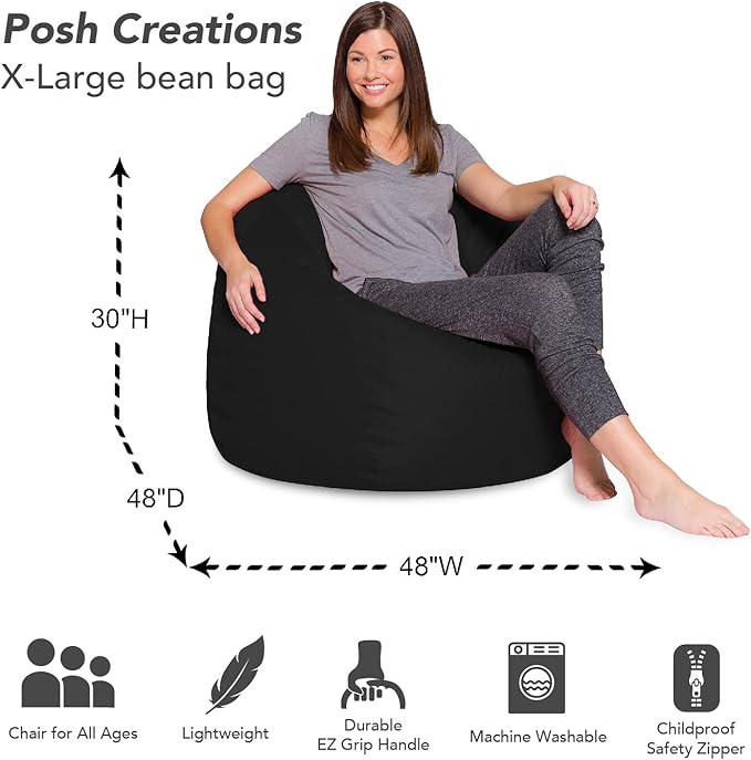 Posh Creations Bean Bag Chair for Kids, Teens, and Adults Includes Removable and Machine Washable Cover, Solid Black, 48in - X-Large